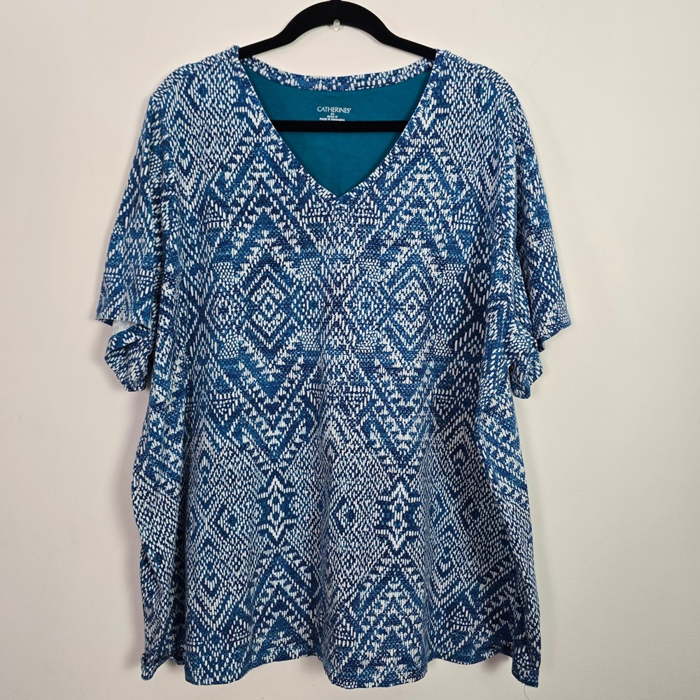 Catherines Top Women 2X Blue Geometric Ikat Plus Size 22/24W Soft Boho Modern